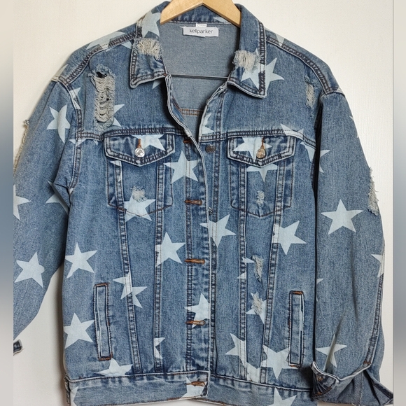 Kellparker Trendy Star Patterned Distressed Denim Jacket - Picture 1 of 8